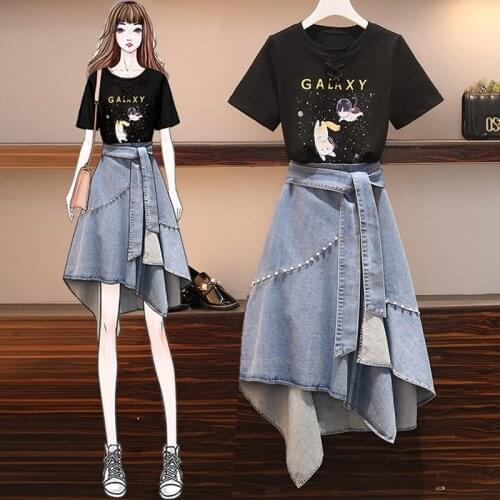 2 Pieces Sets For Women Summer New Lacing Printted Black Tshirt and Beaded Lace-Up Irregular Denim Skirt Suit