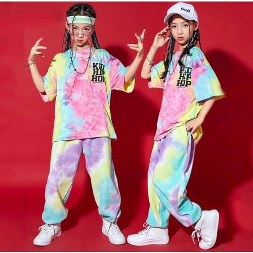 Girls' Hip Hop Costumes Multi-color Tops Loose Casual Pants For Kids Boys Ballroom Dancing Clothes Street Dance Rave Wear BL6845