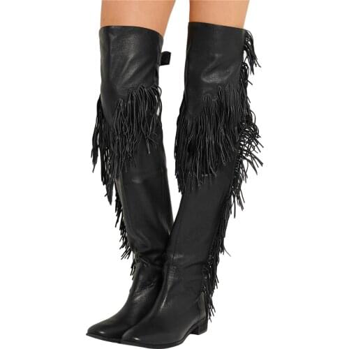 Fashion Winter Black Fringed Over The Knee Boots Autumn Tassel Chunky Thigh High Boots Brand Designer Mid Heel Women Shoes 2020