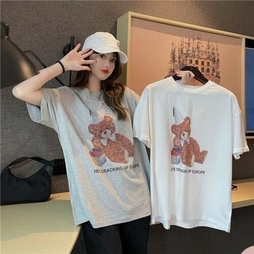 Summer 2021 new wild loose bear print t-shirt female round neck fashion niche high-end trendy cool commuting