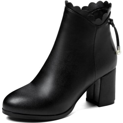 Round Toe Thick Heel Apricot Business Office Womens Boots Wavy Bow Tie Side Zipper PU Ankle Boots Pearl Ruffled Short Boots