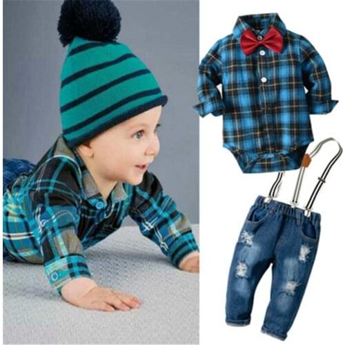2021 Hot Sale Spring And Autumn Baby Boy Gentleman Bow Tie Plaid Shirt Fashion Broken Copper Jeans Suit 6-24 Months