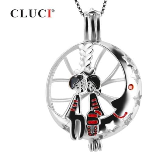 CLUCI 925 Silver Pendants Kissing Lovers on Moon Pendant Luxury Jewelry for Women Valentines Gift Wish Pearl Locket SC186SB