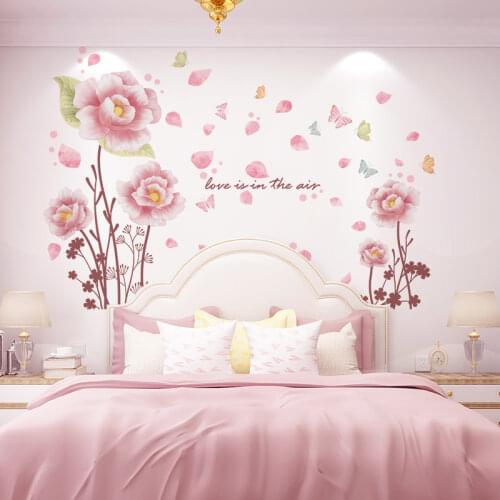 [SHIJUEHEZI] Pink Flowers Wall Stickers DIY Plants Wall Decals for Living Room Bedroom Nursery Kitchen House Wedding Decoration