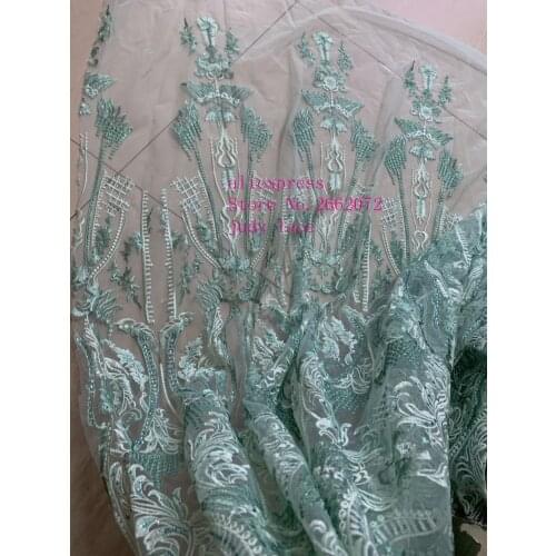 Stock 5yards/bag Light green embroidery lace sequined art line pattern fashion fabric used for wedding dress fashion stage CH