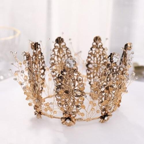 Vintage Baroque Crystal Round Crowns Black Diedem Luxury Tiara Women Hair Jewelry Queen Princess Hair Ornamens Handmade Headband