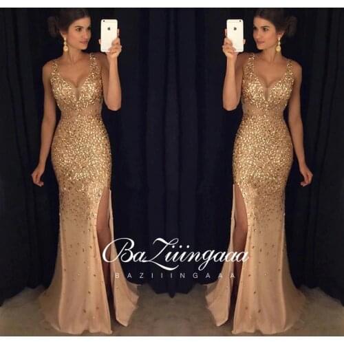 Vintage Split Sequined Dress Evening Dress Gold Sling for Prom Free Shipping Straight Mermaid Dress