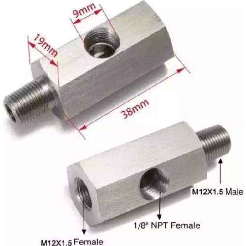Stainless steel 1/8 inch NPT female thread to M12X1.5 oil pressure sensor feed line meter tee adapter fitting