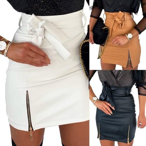 Women Short Skirt PU Leather Sexy Mini Skirt Double Zipper High Waist Skirt Bow Design Skirt Casual All-Match Bag Hip Skirt