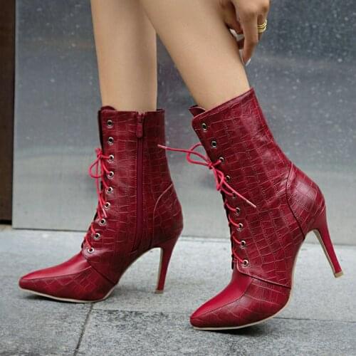 Women Sexy Thin High Heel Ankle Boots Pointed Toe Riding Boots Ladies Autumn Winter Fashion Corss Tied Short Boots Size 34-45