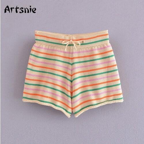 Artsnie Summer 2021 Beach Shorts Women Drawstring High Waist Striped Shorts Streetwear Casual Knitted Ladies Shorts Femme