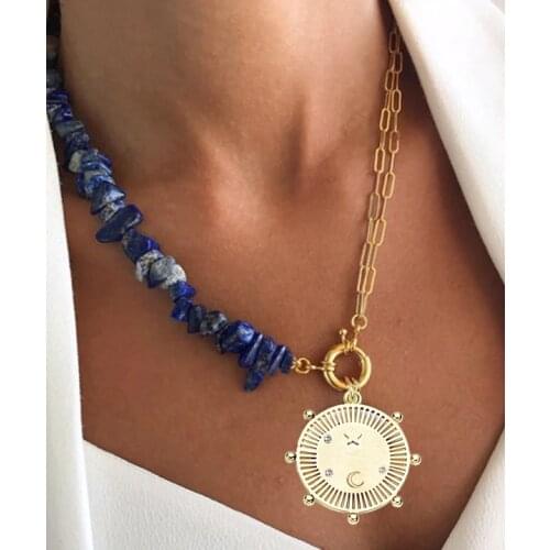Boho natural stone Tigers eye Dragon Lapis Lazuli pink quartz Caesar pendant charms necklace women bijoux ins Party Jewelry 2021