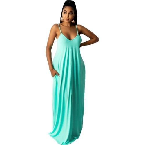 2021 Summer Fashion Women Solid Dress Spaghetti Strap Sleeveless Deep V Neck Maxi Dress Casual Loose Beach Dress