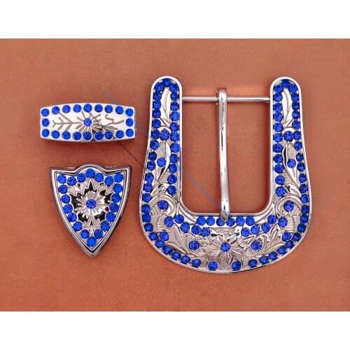 Huge Big Cowboy Rodeo Ranger Blue Rhinestone Crystal Western Leather Belt Buckle Three Piece Set Bling SIlver Floral Design