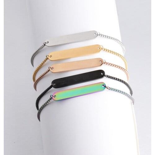 100% Stainless Steel Blank Bar Bracelet For Engrave Metal Blank Rectangle Charm Adjustable Chain Mirror Polished Wholesale 10pcs