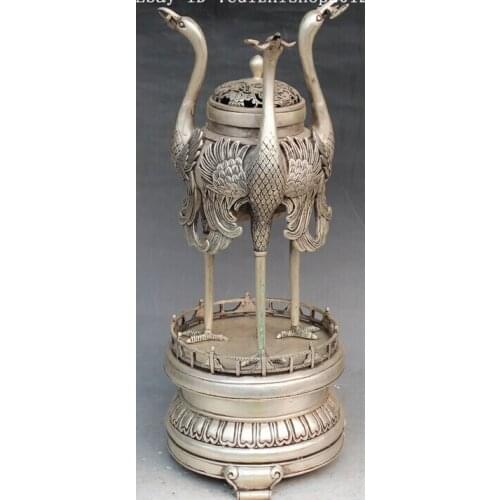 Decoration bronze factory outlets Tibet Silver 22" Marked Chinese Royal Palace Silver Three Layer 3 Crane incense burner Censer