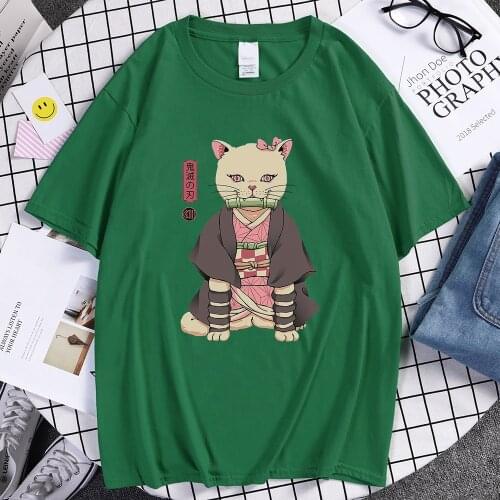 Japanese Catana White Cat Print T-Shirt Soft Vintage Tee Shirt Crewneck Comfortable Mens T-Shirt Oversized Casual Tshirts Mens