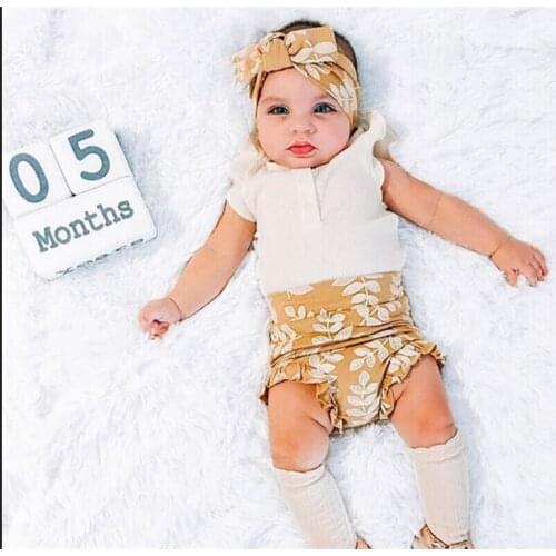 Baby Girls Clothes Set Summer Flower Leaf Pattern Sleeveless Romper Top Tank Shorts Set with Headband 3Pcs Outfits 0-18Months