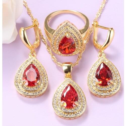 Bridal Red Jewelry Sets Gold Color Wedding Costume Top Quality Garnet Dangle Earrings Pendant And Ring Sets