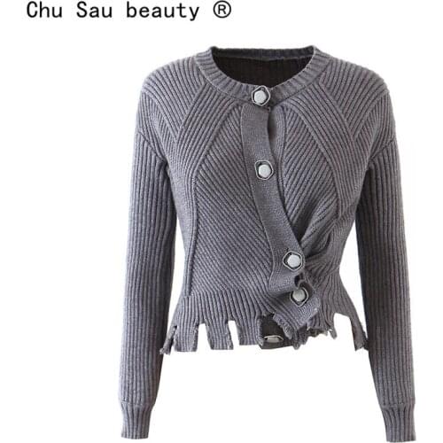 Korean Autumn Winter Vintage Chic Fashion Ragged Edges Irregular Chic Button Long-Sleeved Sweater Cardigan Sweater Women