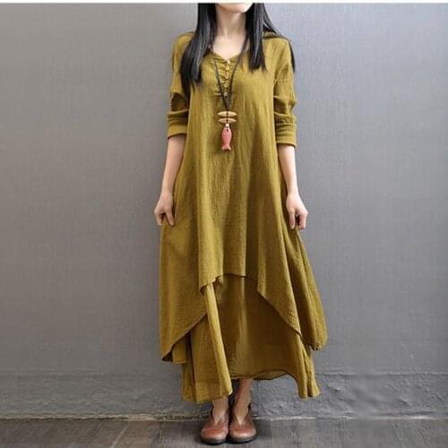 Literary Linen Dress Clothes for Pregnant Women Loose Long-sleeved Maternity Dresses Fake Two-piece Pregnancy Dress