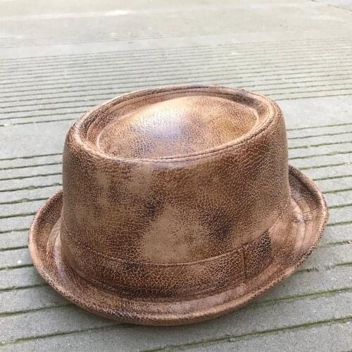 Men Leather Fedora Hat Gentleman Flat Pork Pie Hat For Dad Bowler Church Jazz Hat Big 4Size S M L XL