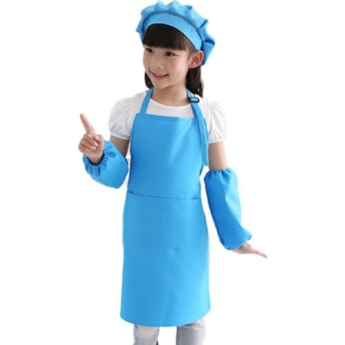 New Kids Full Apron Bib Set with Pocket and Hat Sleeves Craft Kitchen Chef Cooking Art Children Diy Apparel Blue