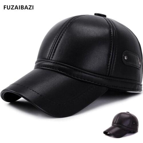 FUZAIBAZI New Winter Fashion Quality Leather Baseball Cap For Mens Adjustable Size Plus Velvet Thermal Earmuffs Caps Dads Hat