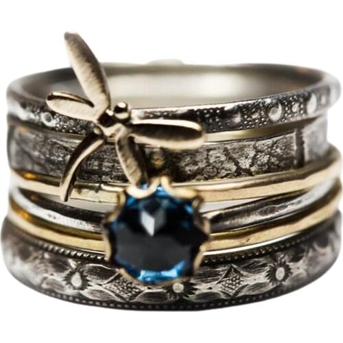 Vintage Wedding Rings for Women Luxury Lake Blue Crystal Dragonfly Womens Ring Bridal Promise Jewelry Accessories