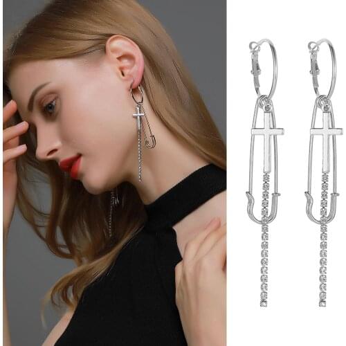 Simple Punk Hip Hop Safety Pin Stud Earrings Cross Metal Gold/Silver Color Earring for Women and Men Party Jewelry Gift
