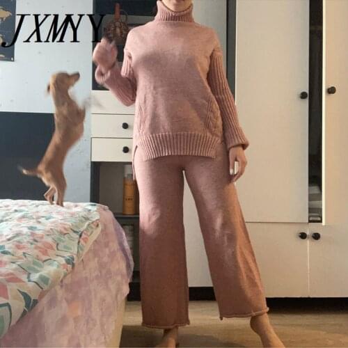 Qiu Dong Han Edition Turtleneck Split With Thick Sweater Wide-Legged Pants Two-Piece Goddess Languid Is Lazy Wind Loose Knitted