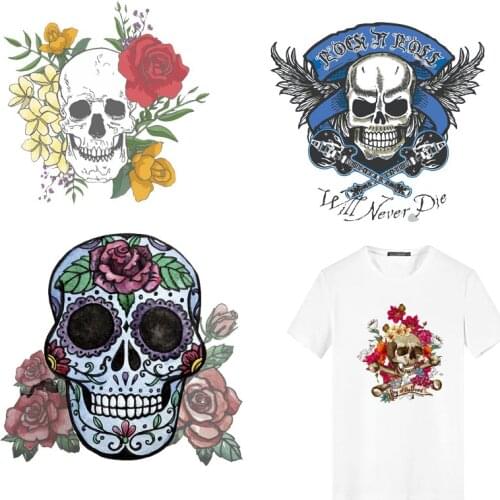 Iron on Patches Punk Skull Heat Transfer Stickers Appliques Badges Heat-sensitive Patches stripes on clothes Decor DIY T-shirt E