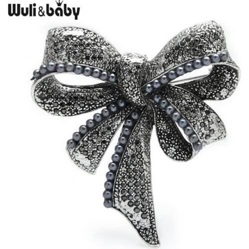 Wuli&baby Vintage Bowknot Brooches For Women Classic Rhinestone Pearl Bow Knot Flower Party Office Brooch Pins Gifts