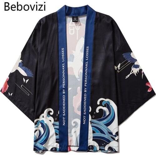 Japanese Clothes for Women Men Crane Koi Waves Print Streetwear Kimono Samurai Cardigan Robe Summer Haori Obi Traditional