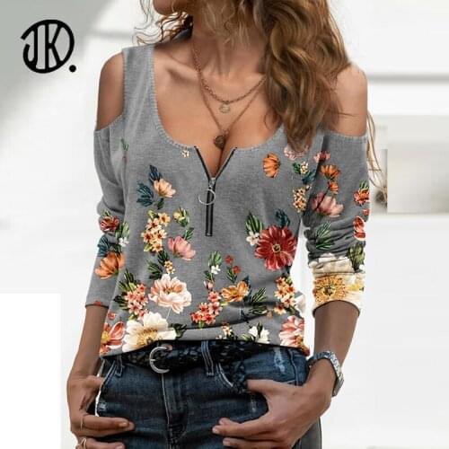 Sexy Off-shoulder T-shirt Ladies New Round Neck Long-sleeved Printing T Shirt Female Plus Size Skull Streetwear Summer Tops 3XL