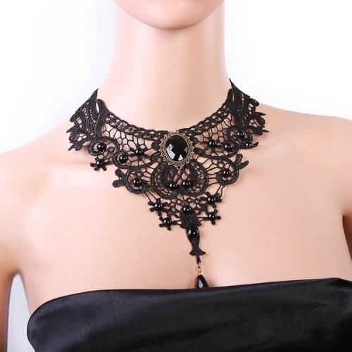 Fashion Victorian Steampunk Style Gem Decoration Charms Women Black Lace Beads Chocker Collar Necklace Pendant Jewelry