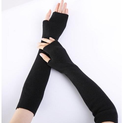 Winter Men Women Long Cashmere Sleeves Solid Soft Thicker Warm Sheep Wool Stretch Knit Half Finger Fingerless Mittens Gloves C71