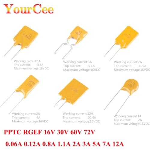 10Pcs 16V 30V 60V 72V Resettable Fuse PPTC RGEF 0.06A 0.12A 0.8A 1.1A 2A 3A 5A 7A 12A Fuses In-line RUEF300 Self-Recovery Fuse