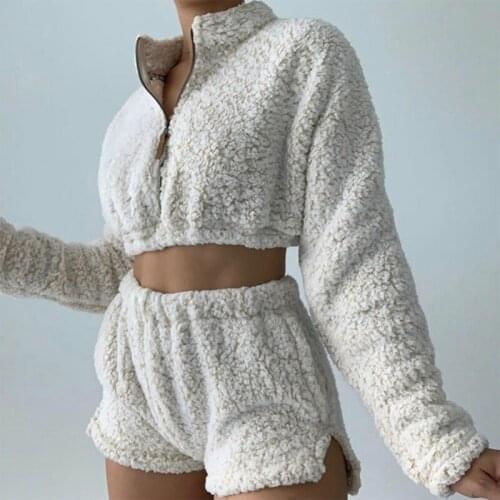 2 Pcs/Set Sexy Plush Women Solid Color Suits Zipper O Neck Long Sleeve Crop Top Casual High Waist Shorts Female Fashion Set