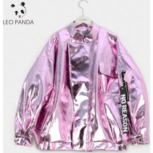 2021 Autumn Jacket Women Street Loose Metal Color Pink Purple Silver Stand Neck Coat Party Fashion Female Outer Plus Size 3XL
