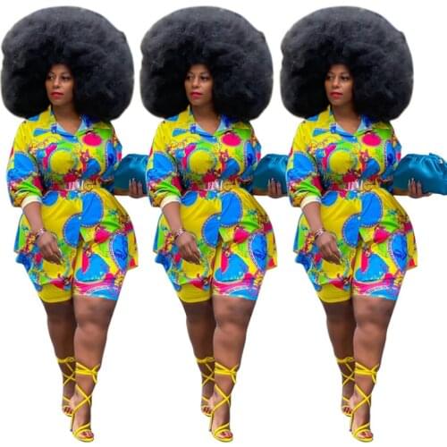 2021 Spring Women Colorful Digital Print Two Piece Sets Plus Size Turn-down Collar Single-Breasted Shirts Skinny Shorts Outfits