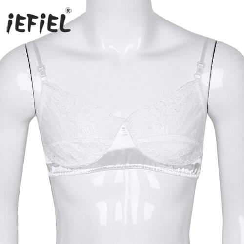 Mens Transparent Sexy Lingerie Nightwear Gay Bra Tops Spaghetti Straps Lace Satin Underwear Wire-free No Pad Sissy Bra Top