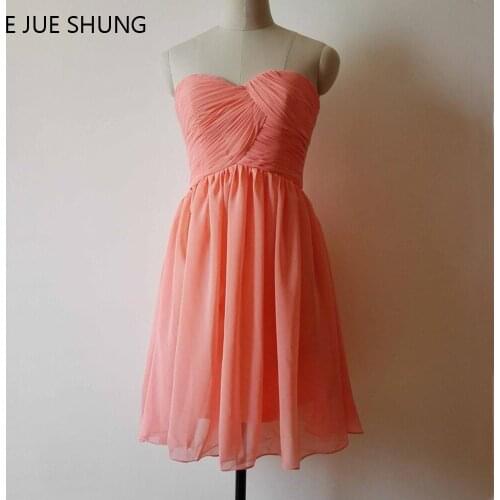 E JUE SHUNG Chiffon Sweetheart Coral Short Bridesmaid Dresses 2017 A-line Cheap Wedding Party Dresses