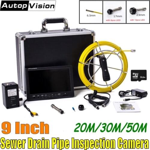 DHL Free 20-50M Fiberglass Cable Sewer Pipe Inspection Camera System with 9 Inch Monitor 6.5mm/17mm/23mm Pipeline Endoscope WP90