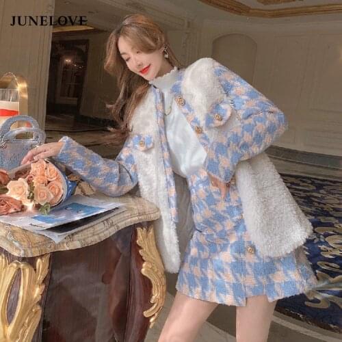 JuneLove Womens Winter New Style Korean Woolen Jacket + Plaid Skirt Two-Piece Sets Vintage Fashion Office Lady Blue Plaid Suits