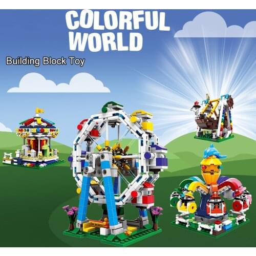 Building blocks city set blocks amusement park equipment Ferris wheel carousel model kit building blocks children girls toys