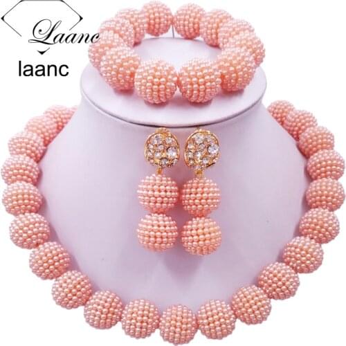 Laanc Peach African Beads Jewelry Set for Nigerian Wedding Simulated Pearl Necklace and Earrings SP1R004