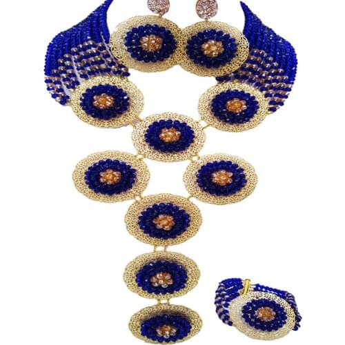 Fashion Royal Blue and Champagne Gold AB African Beads Jewelry Set Crystal Wedding Party Jewelry Sets 9PHK02