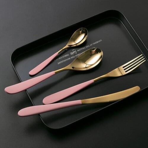 Hot sale crescent shape craft bright light cutlery pink gold knife 304 stainless steel fork spoon 4pcs tableware silverware set