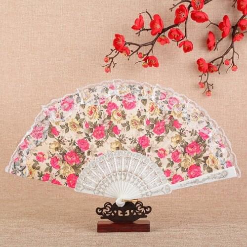 New Vintage Flower Pattern Folding Fans Plastic Bronzing Wood Silk Hand Fans With Lace Ribbon Edge Dance Wedding Party Deco Gift